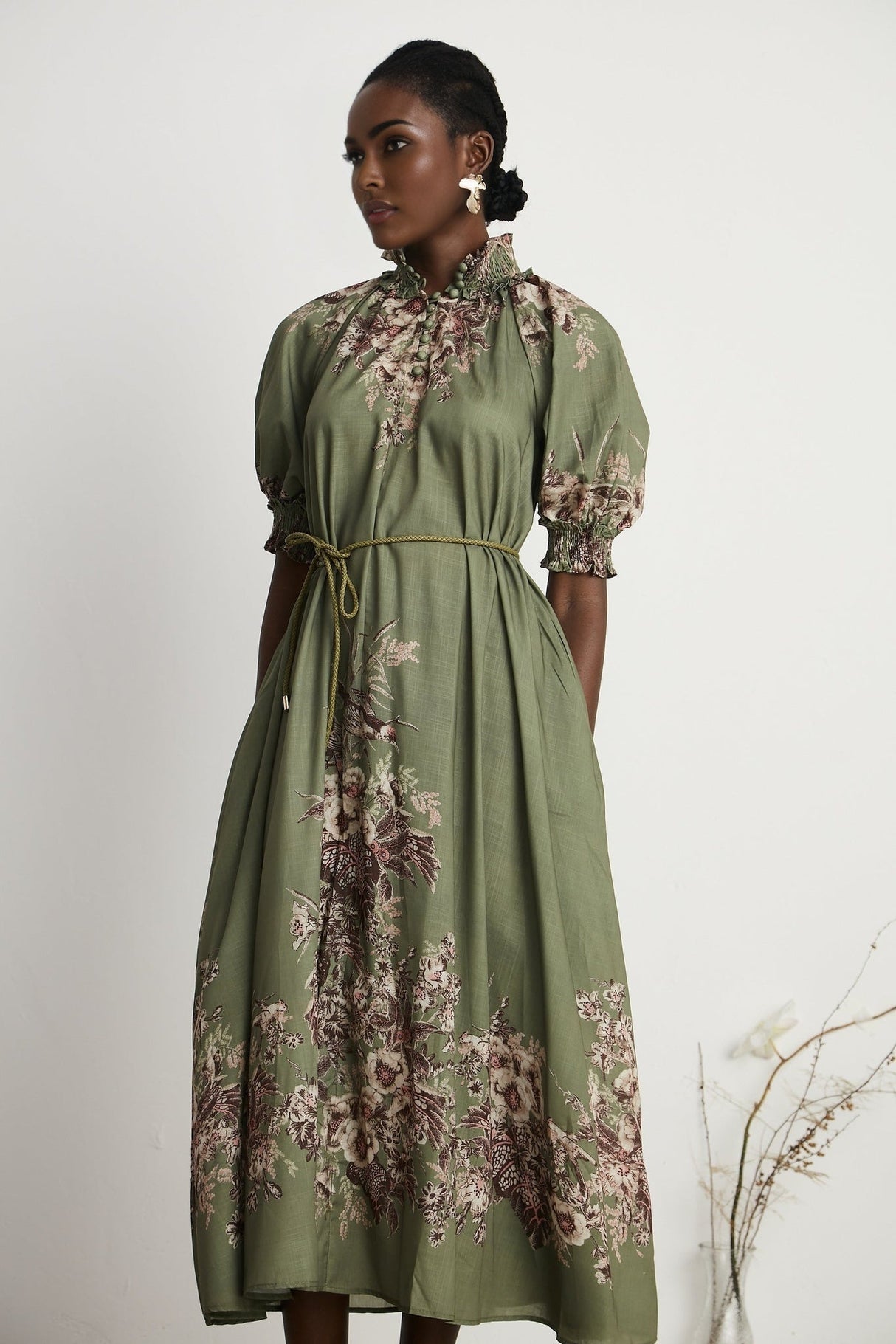 Emma Midi Dress - Puff Sleeves - Mock Neck - Gathered Detailing - Belted - Floral Print