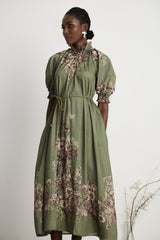 Emma Midi Dress - Puff Sleeves - Mock Neck - Gathered Detailing - Belted - Floral Print