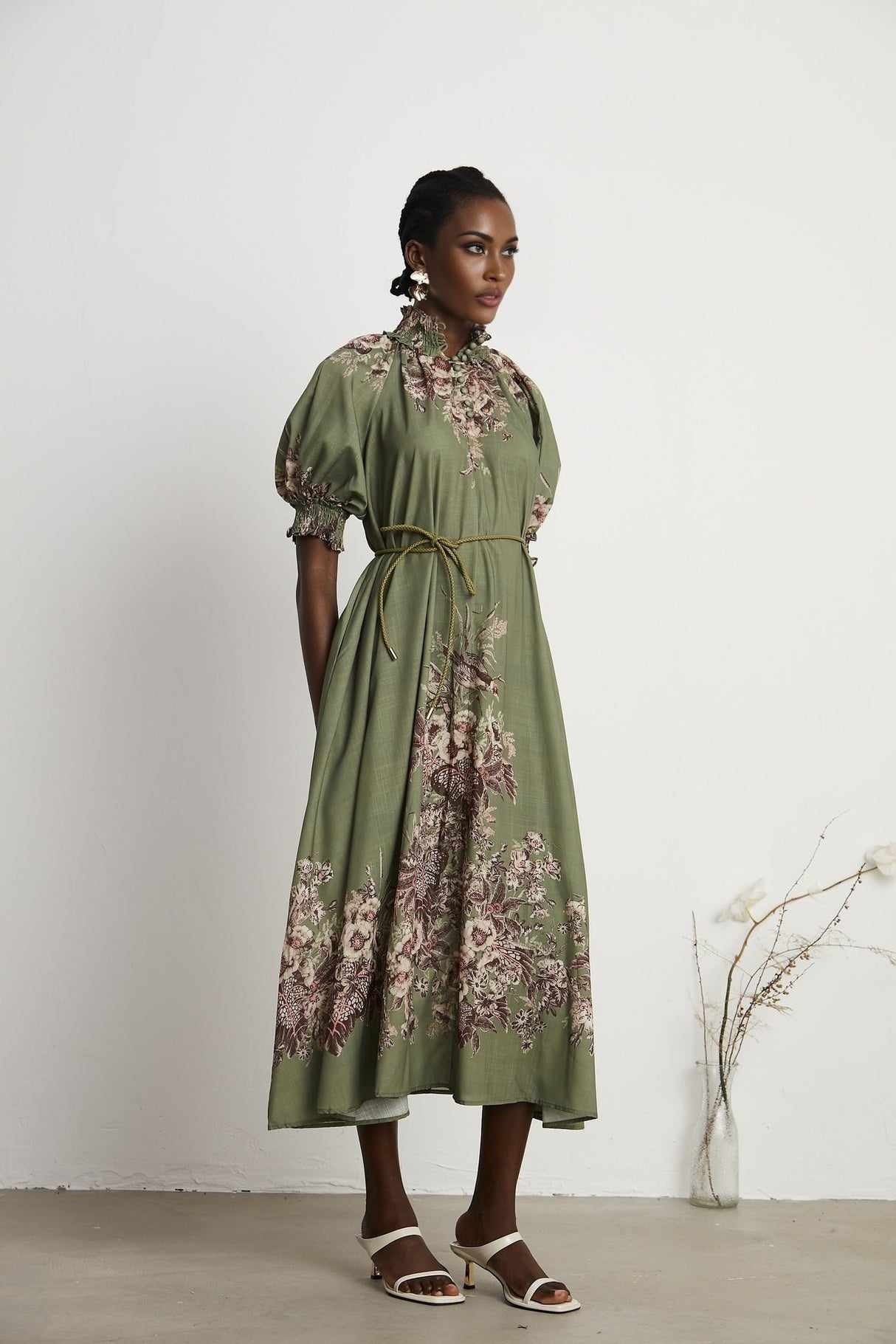 Emma Midi Dress - Puff Sleeves - Mock Neck - Gathered Detailing - Belted - Floral Print