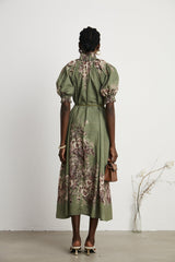 Emma Midi Dress - Puff Sleeves - Mock Neck - Gathered Detailing - Belted - Floral Print