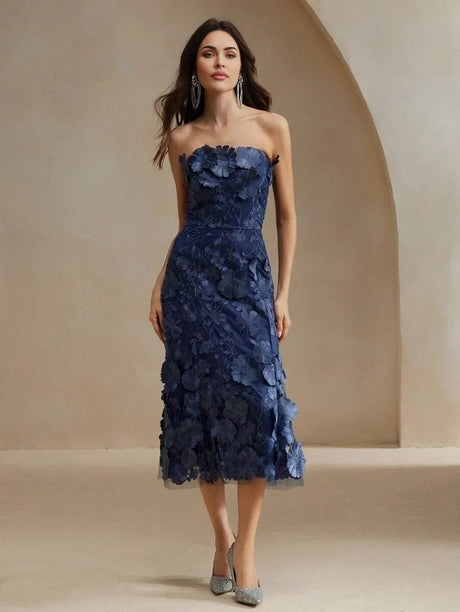 Emma Midi Dress - Strapless Neckline - Flared Hem - High Waist - Elegant Style - Mesh Material