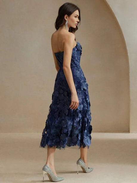 Emma Midi Dress - Strapless Neckline - Flared Hem - High Waist - Elegant Style - Mesh Material