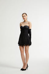 Emma Mini Dress - Bustier Style - Sleeveless - Double - Breasted Buttons - Cinched Waist