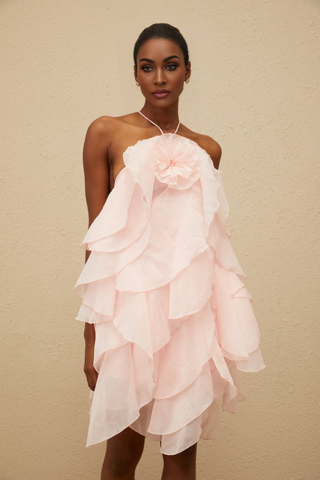 Emma Mini Dress - Halterneck - Sleeveless - Open Back - Tiered Design - Ruffled Detailing