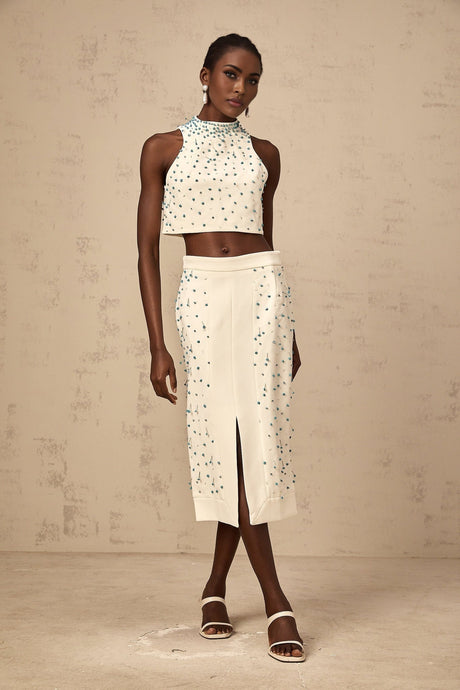 Emma Skirt & Top Set - Mock Neck Sleeveless Design - Bead & Crystal Embellishments - High Slit & Rear Zip Fastening