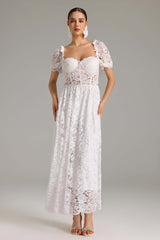 Emma White Lace Maxi Dress Sweetheart Neckline Puff Sleeves Elegant
