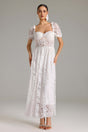Emma White Lace Maxi Dress Sweetheart Neckline Puff Sleeves Elegant