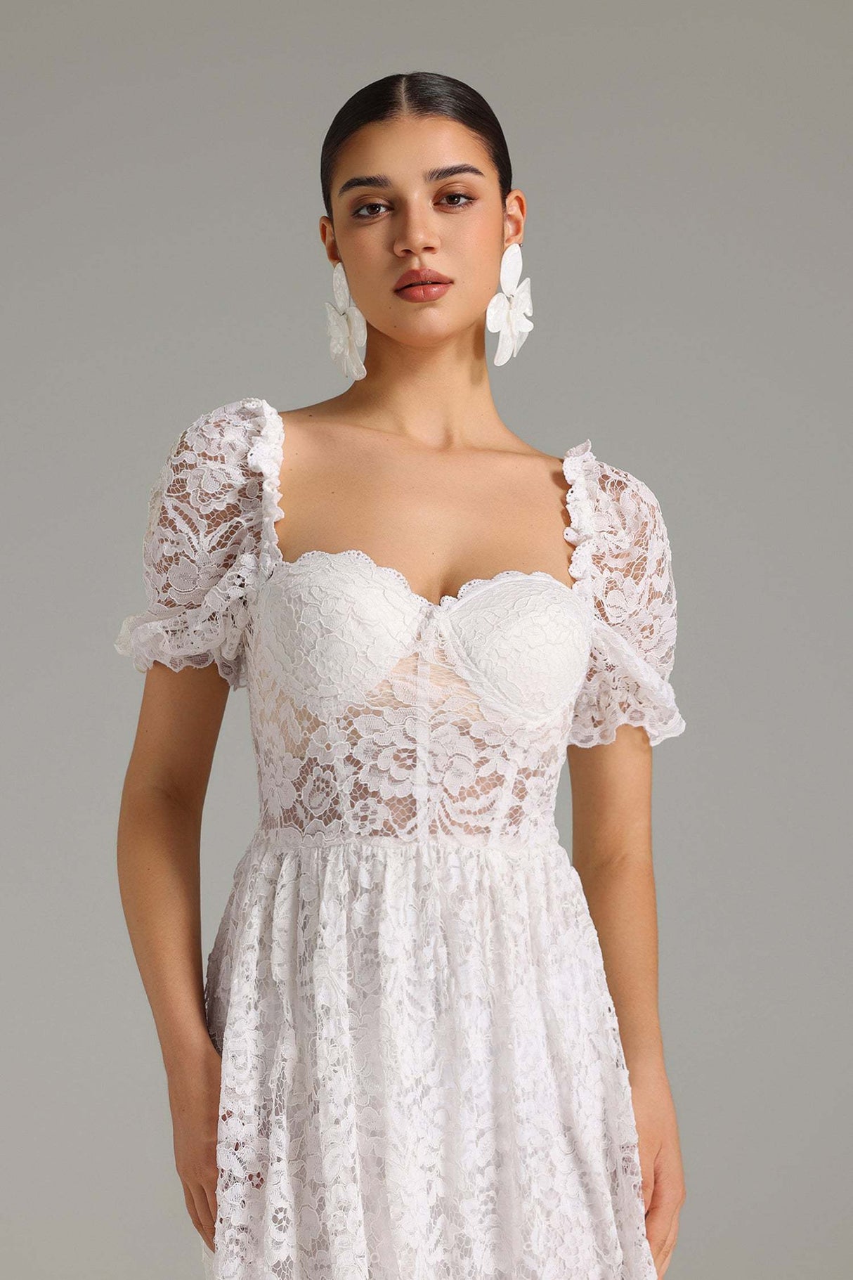 Emma White Lace Maxi Dress Sweetheart Neckline Puff Sleeves Summer Evening Soirées Lightweight Fabric
