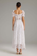 Emma White Lace Maxi Dress Sweetheart Neckline Puff Sleeves Lightweight Fabric
