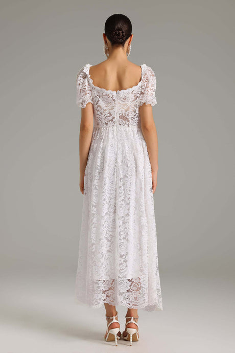 Emma White Lace Maxi Dress Sweetheart Neckline Puff Sleeves Lightweight Fabric