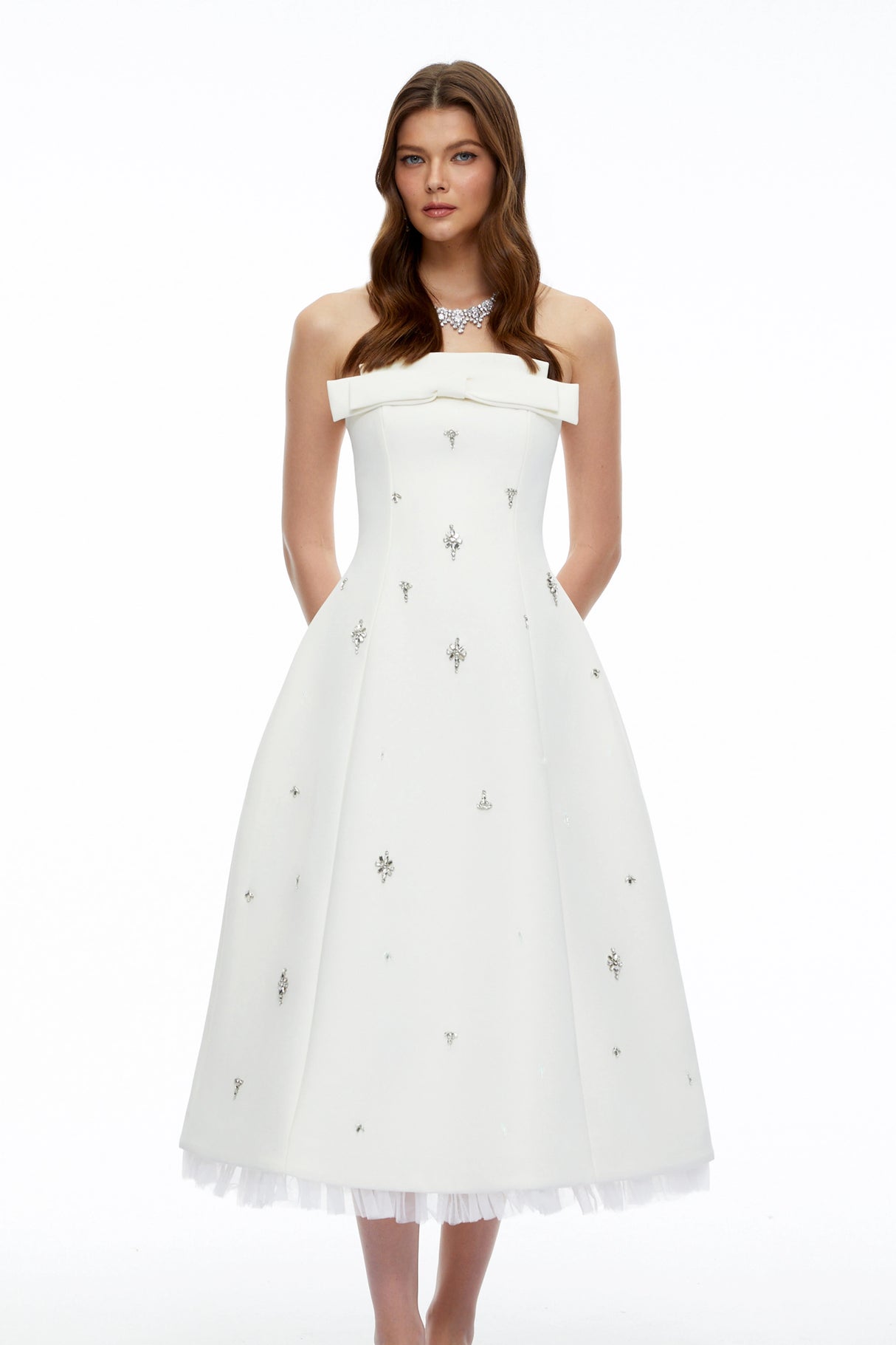 Enid White Strapless Rhinestone Midi Dress with Bow