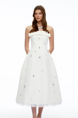 Enid White Strapless Rhinestone Midi Dress with Bow