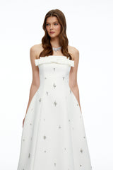 Enid White Strapless Rhinestone Midi Dress with Bow