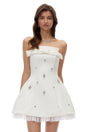 Enid White Strapless Rhinestone Mini Dress with Bow