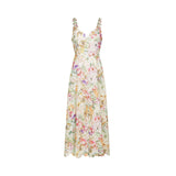 Enora Midi Dress - Sleeveless Cut - V - Neckline - Spaghetti Straps - Floral Embroidery - A - Line Silhouette