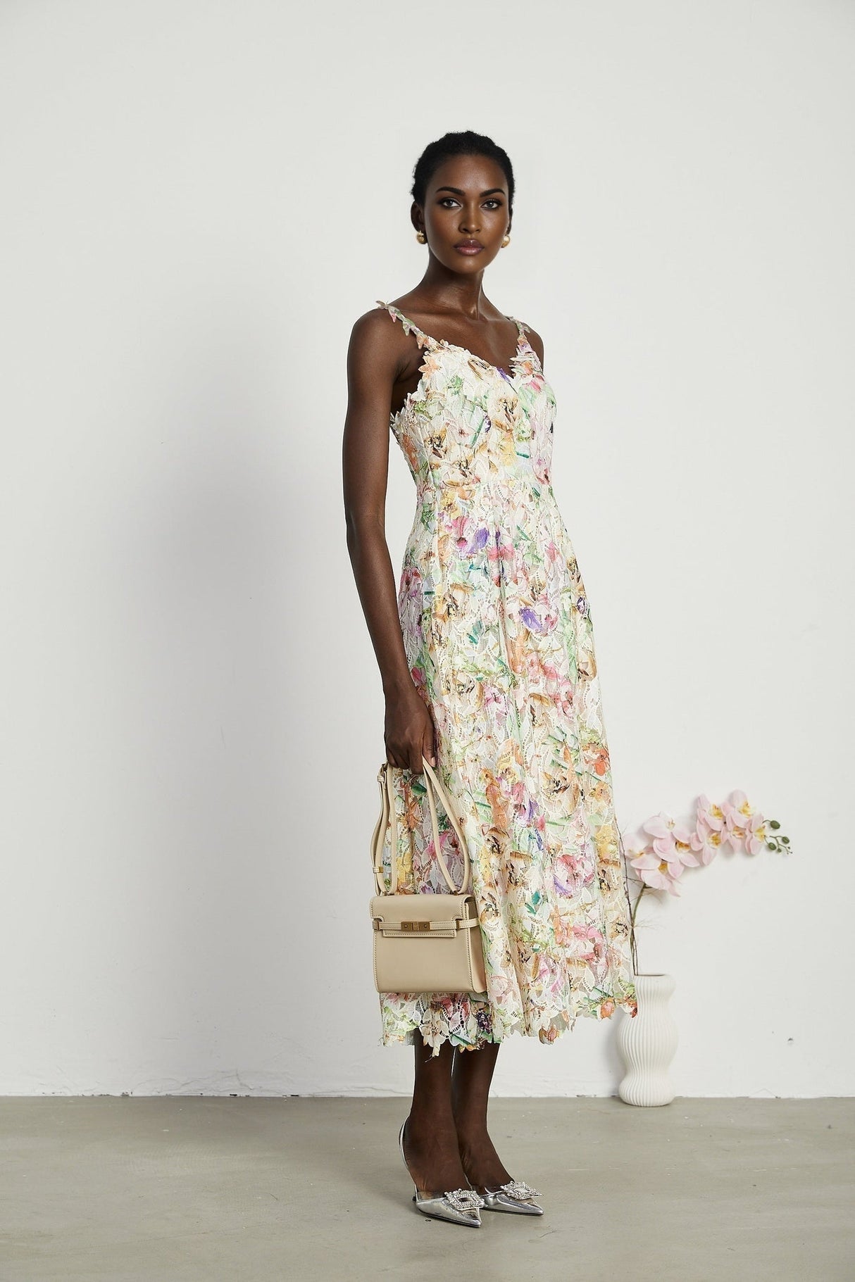 Enora Midi Dress - Sleeveless Cut - V - Neckline - Spaghetti Straps - Floral Embroidery - A - Line Silhouette