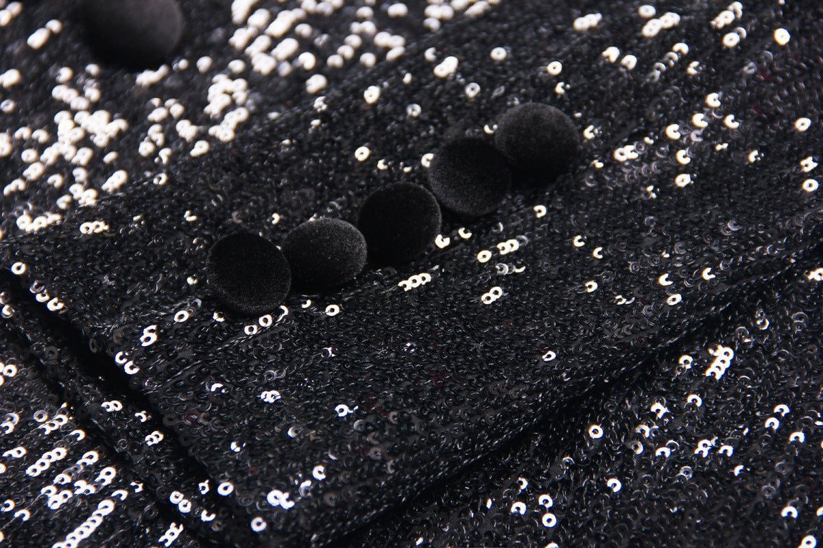 Enrica Double - Breasted Sequin Blazer - Slim Fit with Velvet Lapels - Velvet - Trimmed Pockets