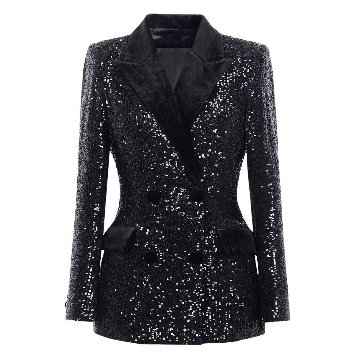 Enrica Double - Breasted Sequin Blazer - Slim Fit with Velvet Lapels - Velvet - Trimmed Pockets