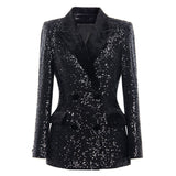 Enrica Double - Breasted Sequin Blazer - Slim Fit with Velvet Lapels - Velvet - Trimmed Pockets