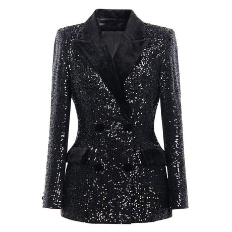 Enrica Double - Breasted Sequin Blazer - Slim Fit with Velvet Lapels - Velvet - Trimmed Pockets