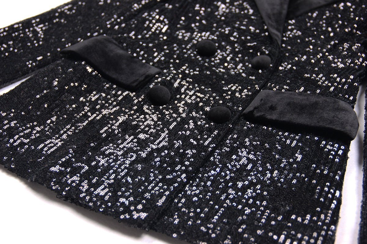 Enrica Double - Breasted Sequin Blazer - Slim Fit with Velvet Lapels - Velvet - Trimmed Pockets