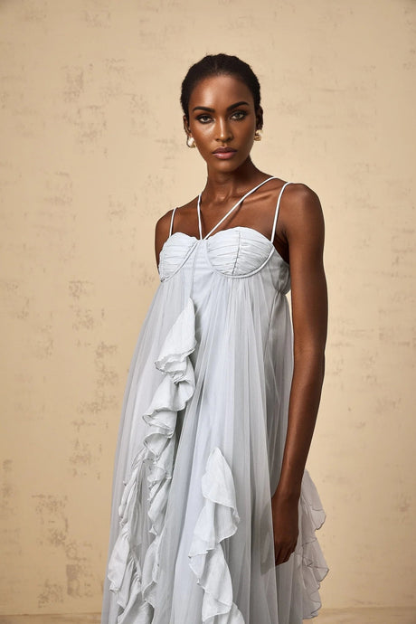 Enrica Maxi Dress Blue Ruffled Tulle Layered Texture