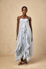 Enrica Maxi Dress Blue Ruffled Tulle Layered Texture