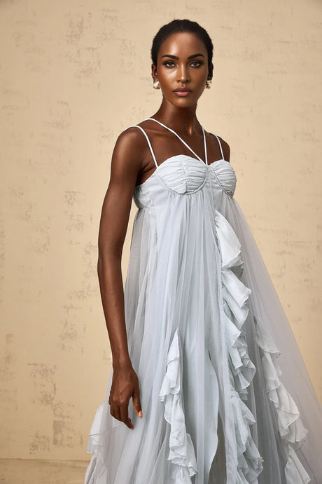 Enrica Maxi Dress Blue Ruffled Tulle Layered Texture