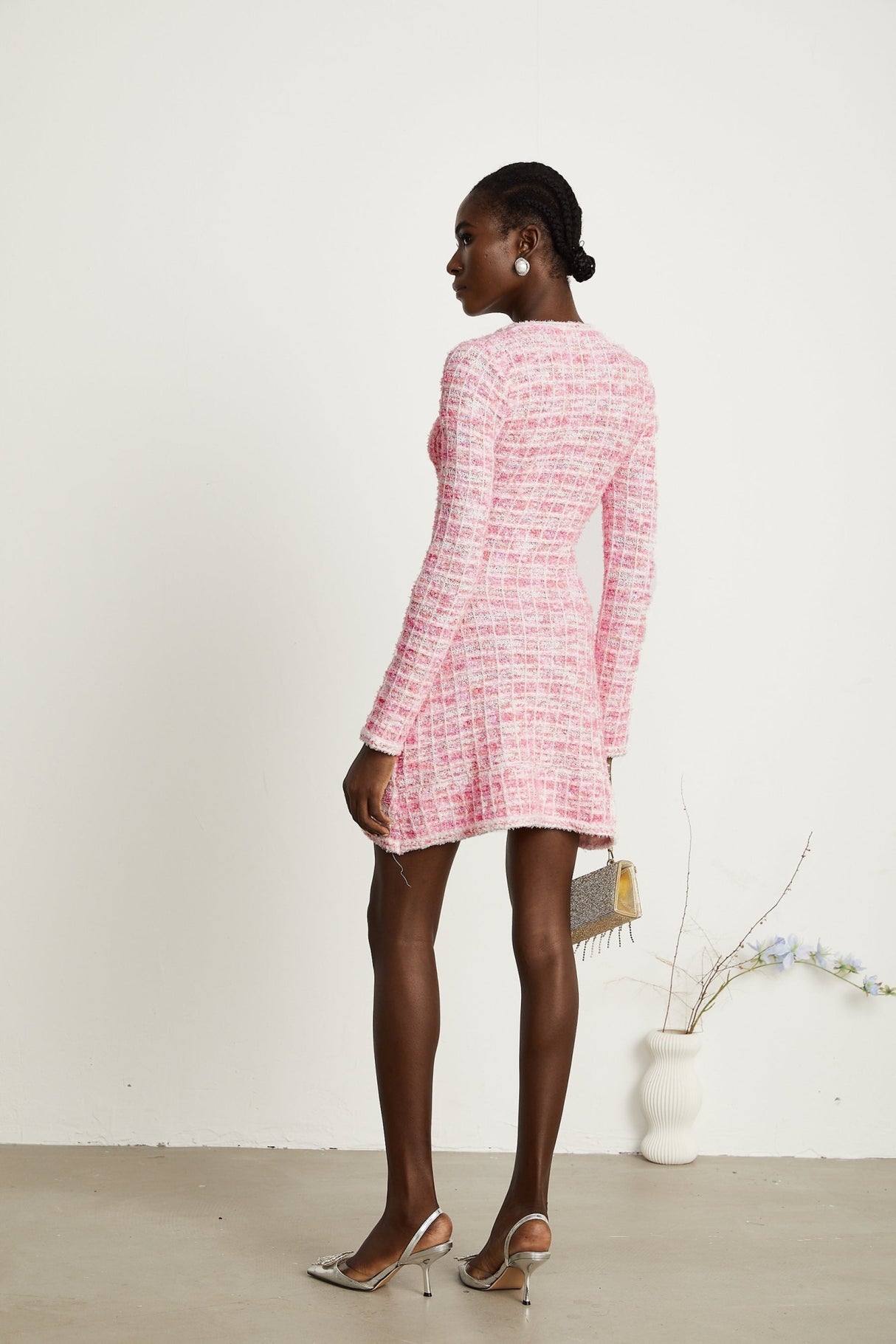 Enrica Mini Dress - Tweed Beaded Check Pattern Ruffled Hem Button Front