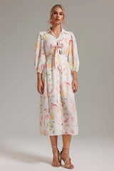 Enrica White Balloon Sleeve Button-Up Dress
