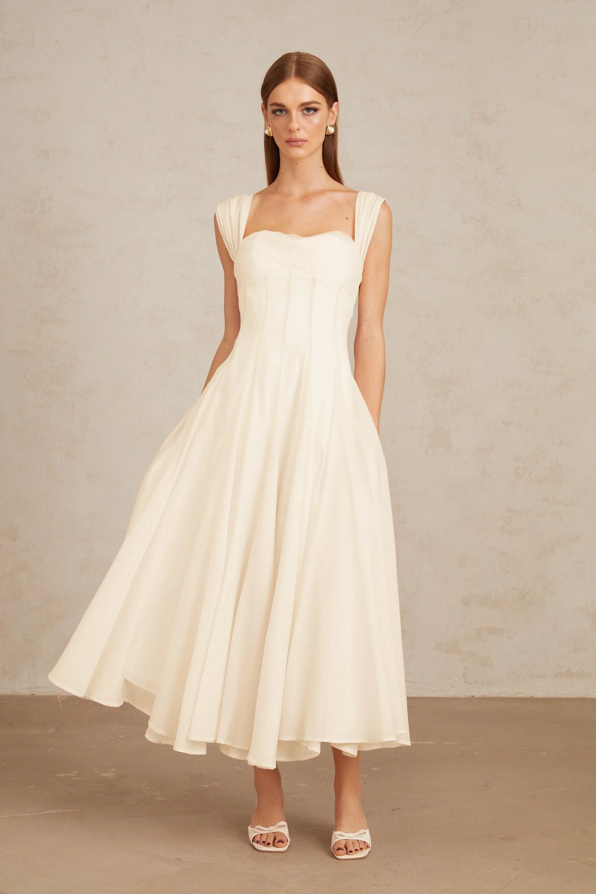 Érasme Cream White Flounced Midi dress