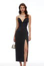 Erena Black Plunge Neck Midi Dress with Slit