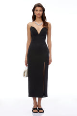 Erena Black Plunge Neck Midi Dress with Slit