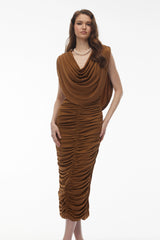 Ereshkigal Brown Ruched Bodycon Midi Dress
