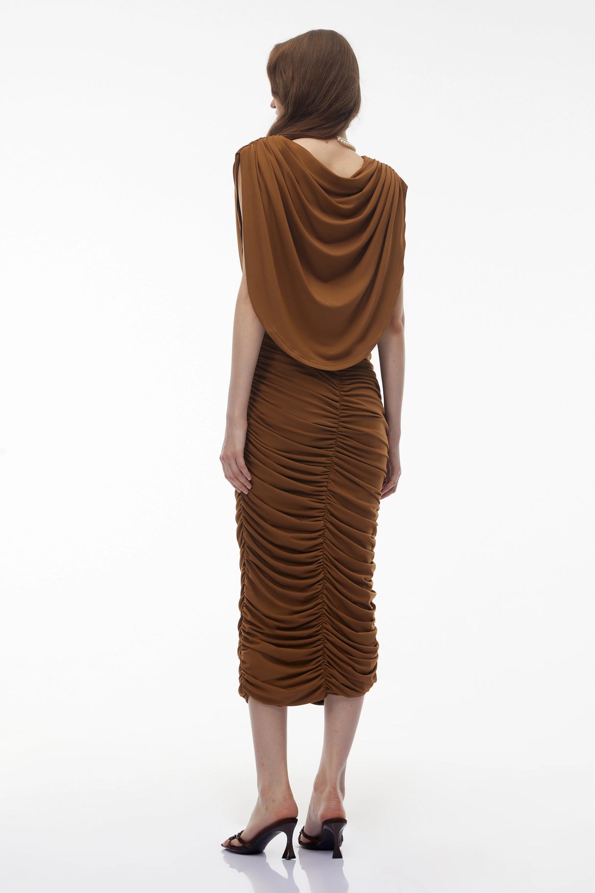 Ereshkigal Brown Ruched Bodycon Midi Dress