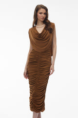 Ereshkigal Brown Ruched Bodycon Midi Dress