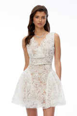 Ereti White VNeck Lace Mini Dress with 3D Florals
