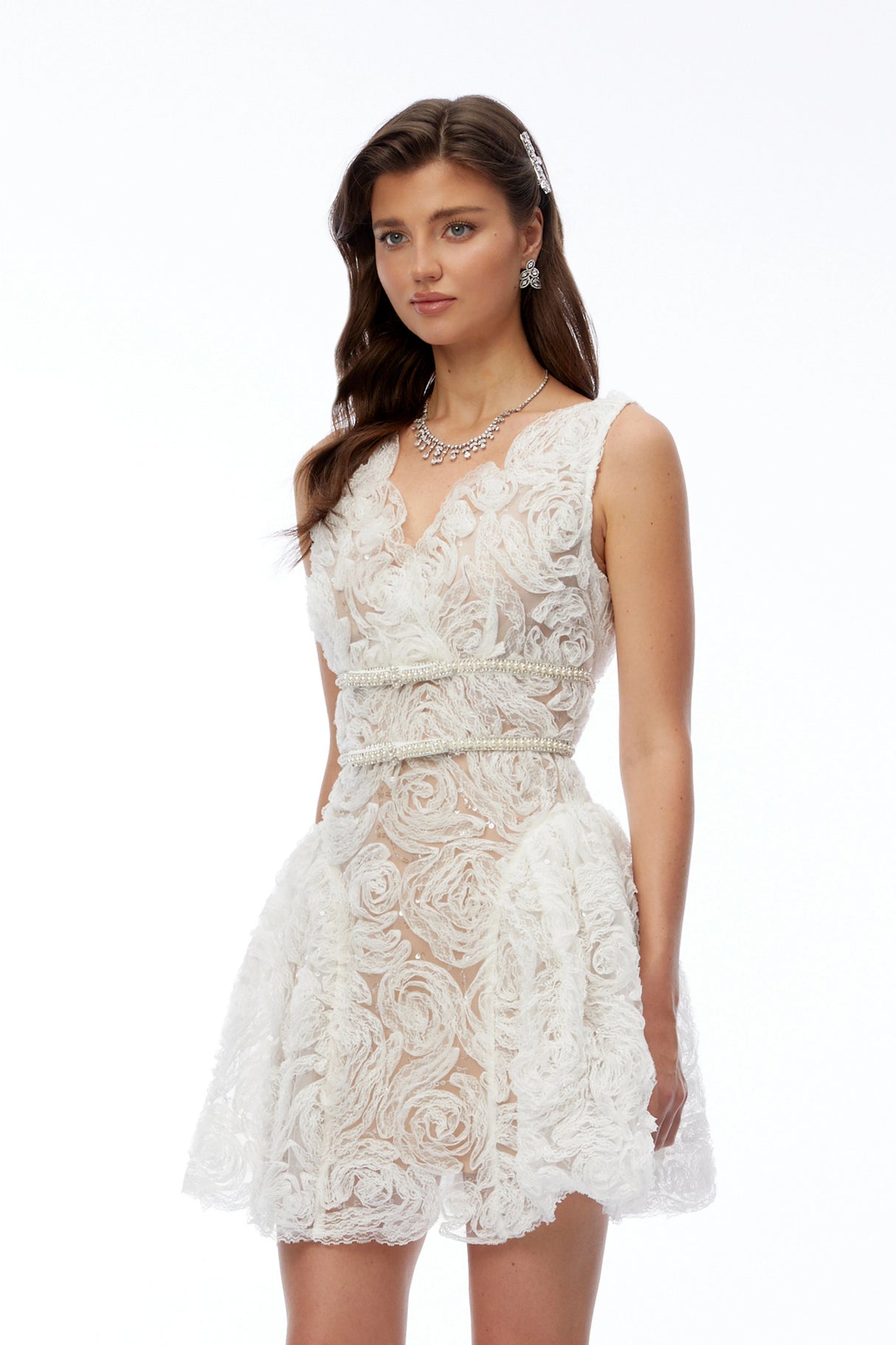 Ereti White VNeck Lace Mini Dress with 3D Florals