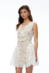 Ereti White VNeck Lace Mini Dress with 3D Florals