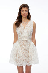 Ereti White VNeck Lace Mini Dress with 3D Florals