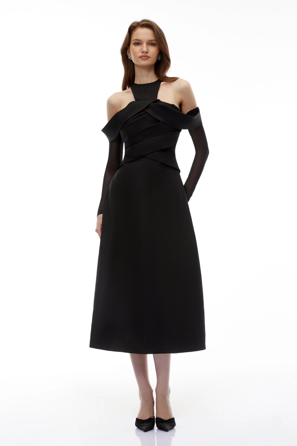 Erika Black Cold Shoulder Draped Midi Dress