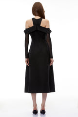 Erika Black Cold Shoulder Draped Midi Dress