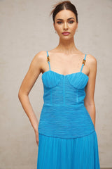 Erika Maxi Dress - Sweetheart Neckline - Sleeveless with Adjustable Straps - Pleated Design with Side Slit - Decorative Buckle Detailing