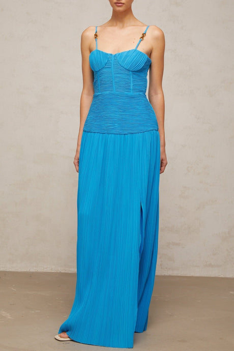 Erika Maxi Dress - Sweetheart Neckline - Sleeveless with Adjustable Straps - Pleated Design with Side Slit - Decorative Buckle Detailing