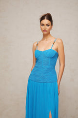 Erika Maxi Dress - Sweetheart Neckline - Sleeveless with Adjustable Straps - Pleated Design with Side Slit - Decorative Buckle Detailing