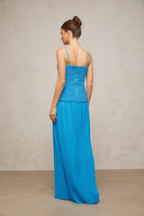 Erika Maxi Dress - Sweetheart Neckline - Sleeveless with Adjustable Straps - Pleated Design with Side Slit - Decorative Buckle Detailing
