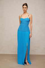 Erika Maxi Dress - Sweetheart Neckline - Sleeveless with Adjustable Straps - Pleated Design with Side Slit - Decorative Buckle Detailing