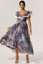 Ermione Blue Floral Maxi Dress Lace Detailing