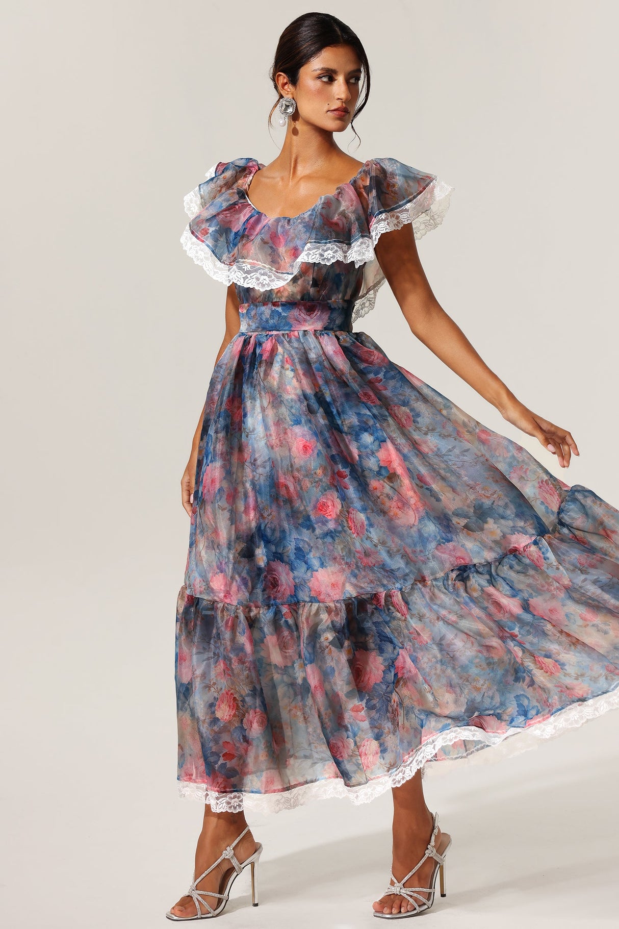 Ermione Blue Floral Maxi Dress Lace Detailing