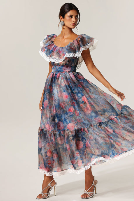 Ermione Blue Floral Maxi Dress Lace Detailing